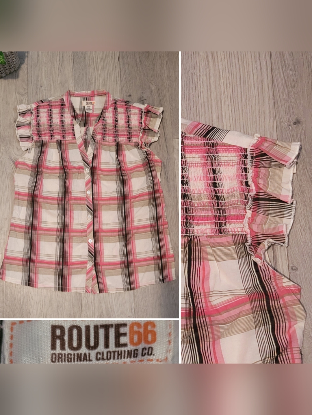 Route 66 Pink Plaid ButtonDown Smocked Front Ruffle Cap Sleeve Blouse Large